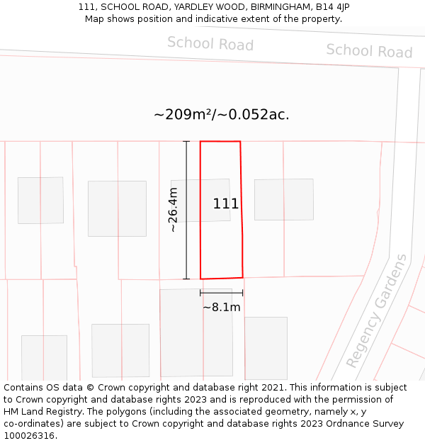 111, SCHOOL ROAD, YARDLEY WOOD, BIRMINGHAM, B14 4JP: Plot and title map