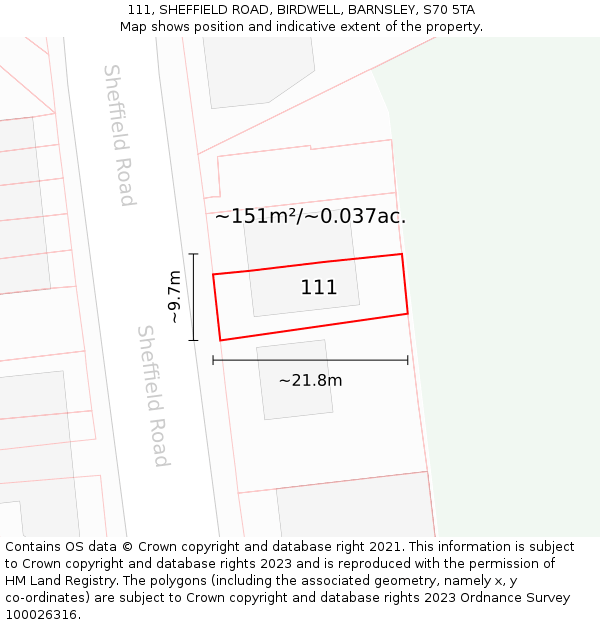 111, SHEFFIELD ROAD, BIRDWELL, BARNSLEY, S70 5TA: Plot and title map