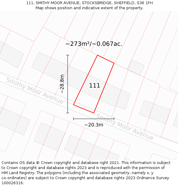 111, SMITHY MOOR AVENUE, STOCKSBRIDGE, SHEFFIELD, S36 1FH: Plot and title map