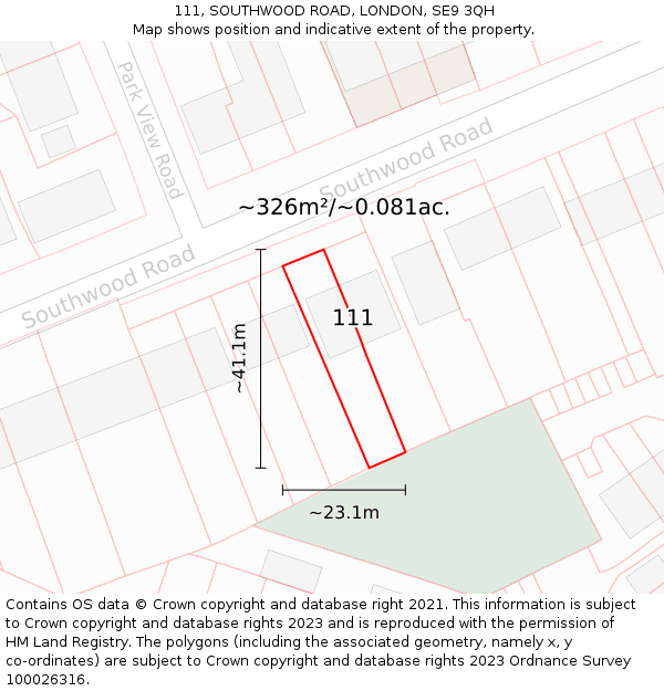 111, SOUTHWOOD ROAD, LONDON, SE9 3QH: Plot and title map