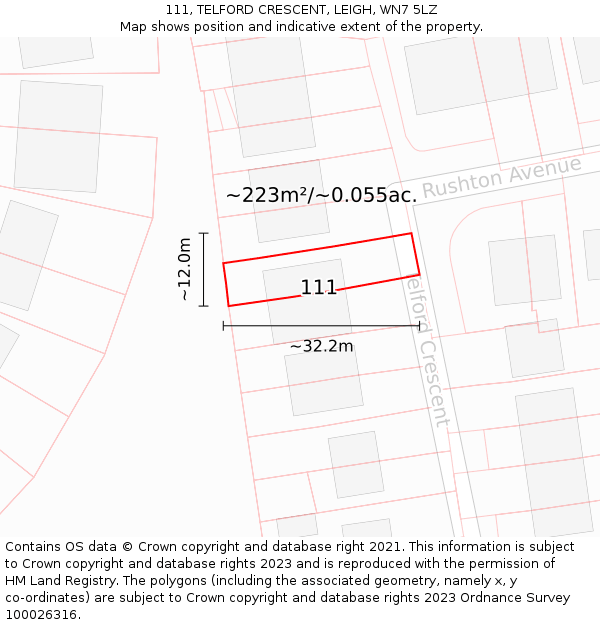 111, TELFORD CRESCENT, LEIGH, WN7 5LZ: Plot and title map