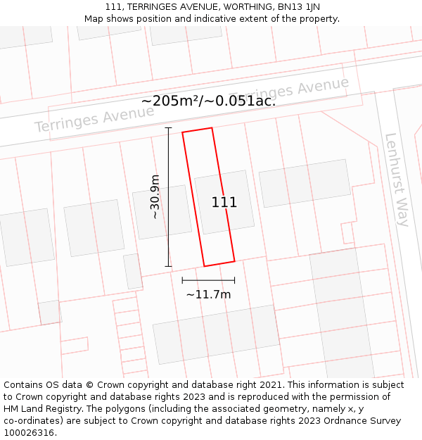 111, TERRINGES AVENUE, WORTHING, BN13 1JN: Plot and title map