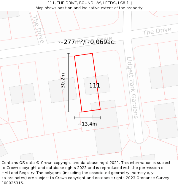 111, THE DRIVE, ROUNDHAY, LEEDS, LS8 1LJ: Plot and title map