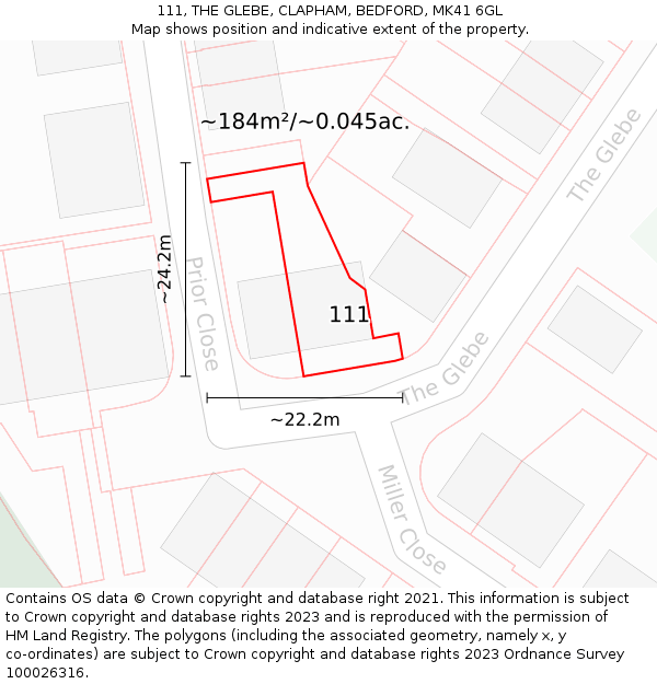111, THE GLEBE, CLAPHAM, BEDFORD, MK41 6GL: Plot and title map