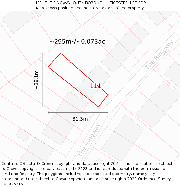 111, THE RINGWAY, QUENIBOROUGH, LEICESTER, LE7 3DP: Plot and title map