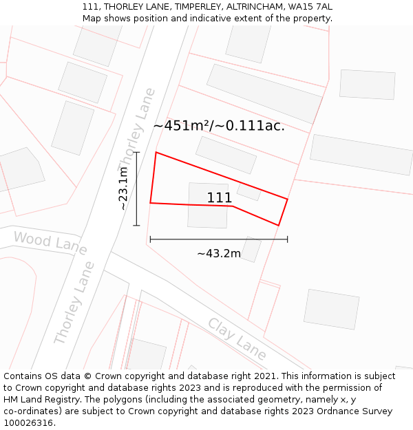 111, THORLEY LANE, TIMPERLEY, ALTRINCHAM, WA15 7AL: Plot and title map