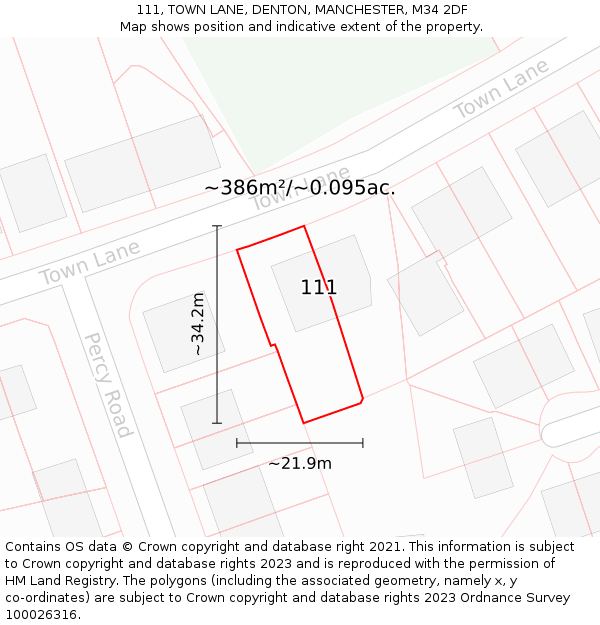 111, TOWN LANE, DENTON, MANCHESTER, M34 2DF: Plot and title map