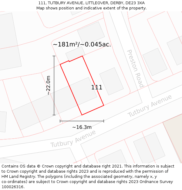 111, TUTBURY AVENUE, LITTLEOVER, DERBY, DE23 3XA: Plot and title map