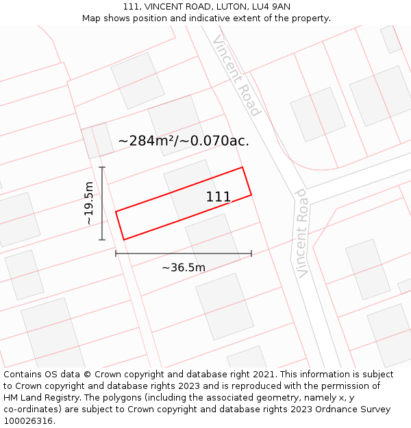 111, VINCENT ROAD, LUTON, LU4 9AN: Plot and title map