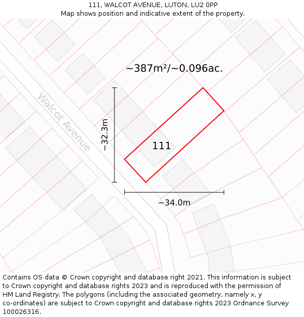 111, WALCOT AVENUE, LUTON, LU2 0PP: Plot and title map