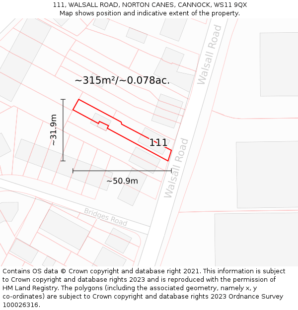 111, WALSALL ROAD, NORTON CANES, CANNOCK, WS11 9QX: Plot and title map