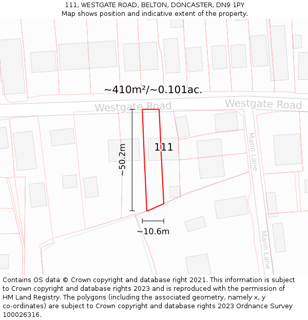 111, WESTGATE ROAD, BELTON, DONCASTER, DN9 1PY: Plot and title map