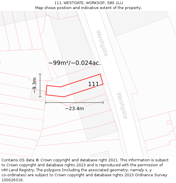 111, WESTGATE, WORKSOP, S80 1LU: Plot and title map