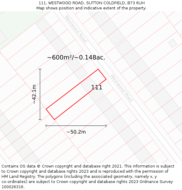 111, WESTWOOD ROAD, SUTTON COLDFIELD, B73 6UH: Plot and title map