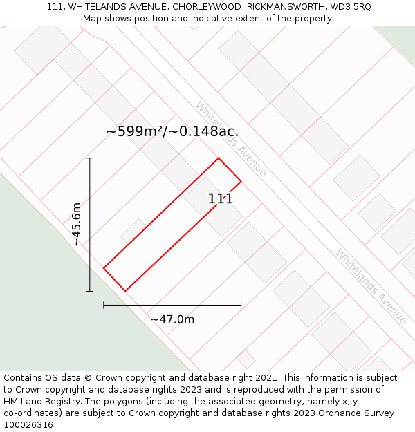 111, WHITELANDS AVENUE, CHORLEYWOOD, RICKMANSWORTH, WD3 5RQ: Plot and title map