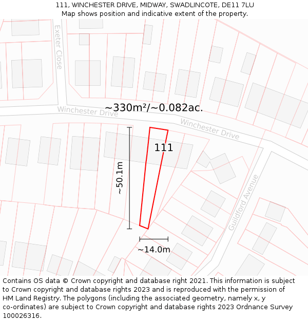 111, WINCHESTER DRIVE, MIDWAY, SWADLINCOTE, DE11 7LU: Plot and title map