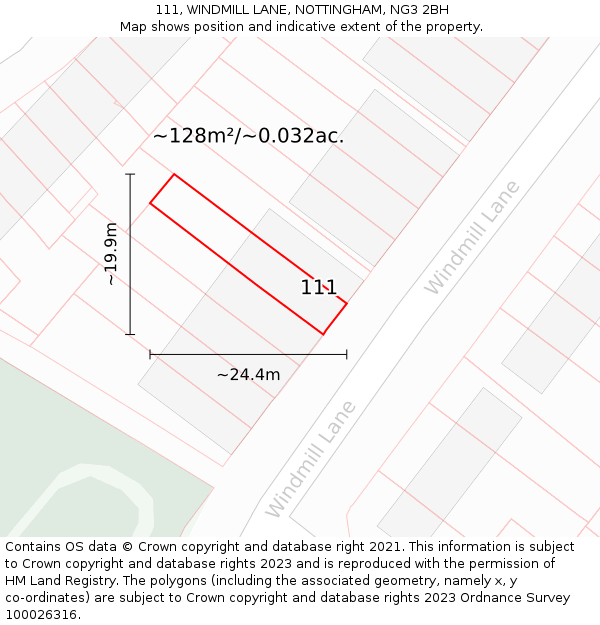 111, WINDMILL LANE, NOTTINGHAM, NG3 2BH: Plot and title map