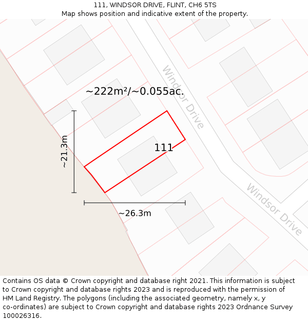 111, WINDSOR DRIVE, FLINT, CH6 5TS: Plot and title map