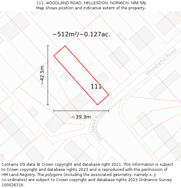 111, WOODLAND ROAD, HELLESDON, NORWICH, NR6 5RJ: Plot and title map