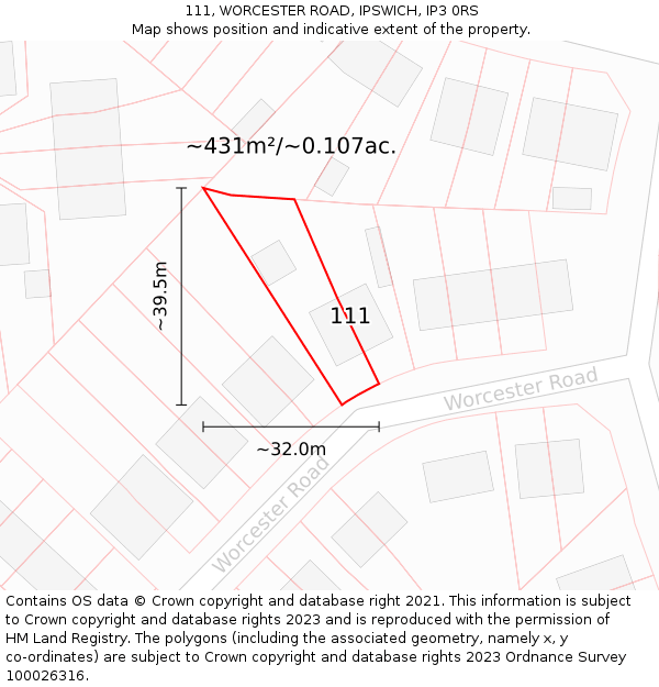 111, WORCESTER ROAD, IPSWICH, IP3 0RS: Plot and title map