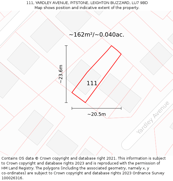 111, YARDLEY AVENUE, PITSTONE, LEIGHTON BUZZARD, LU7 9BD: Plot and title map