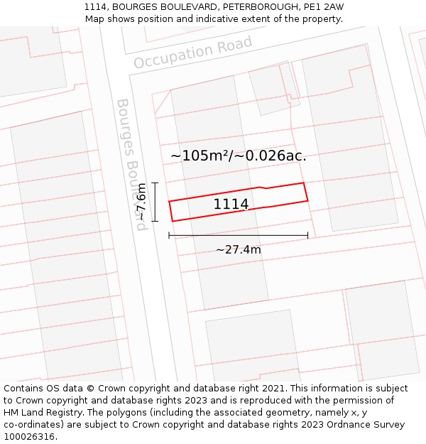 1114, BOURGES BOULEVARD, PETERBOROUGH, PE1 2AW: Plot and title map