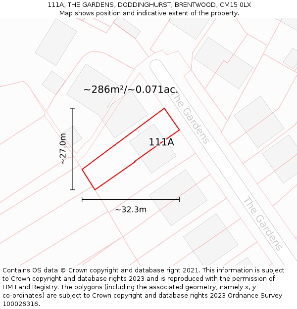 111A, THE GARDENS, DODDINGHURST, BRENTWOOD, CM15 0LX: Plot and title map