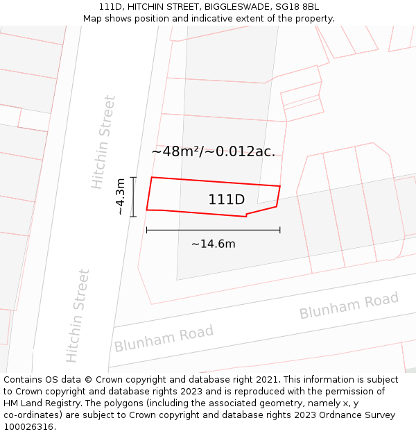 111D, HITCHIN STREET, BIGGLESWADE, SG18 8BL: Plot and title map