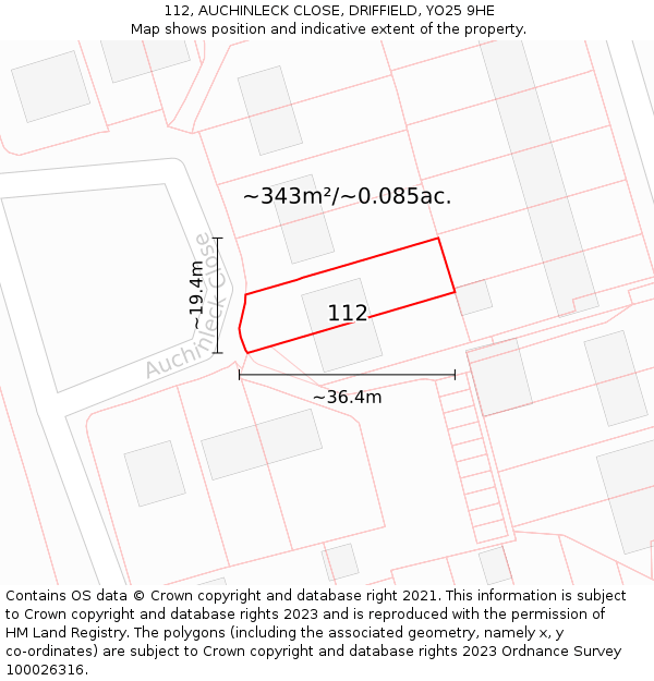 112, AUCHINLECK CLOSE, DRIFFIELD, YO25 9HE: Plot and title map