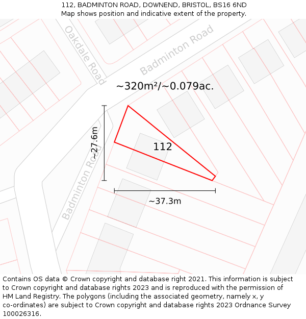112, BADMINTON ROAD, DOWNEND, BRISTOL, BS16 6ND: Plot and title map