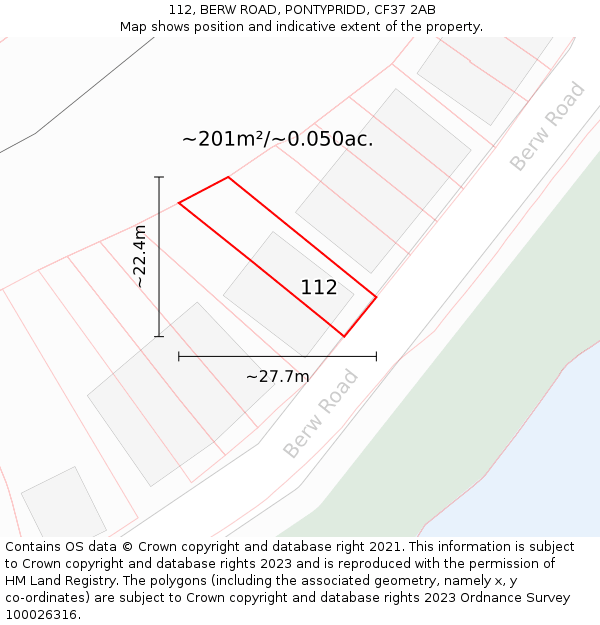 112, BERW ROAD, PONTYPRIDD, CF37 2AB: Plot and title map