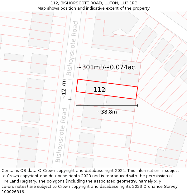 112, BISHOPSCOTE ROAD, LUTON, LU3 1PB: Plot and title map