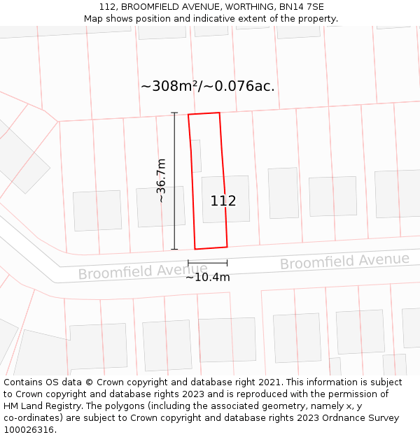 112, BROOMFIELD AVENUE, WORTHING, BN14 7SE: Plot and title map