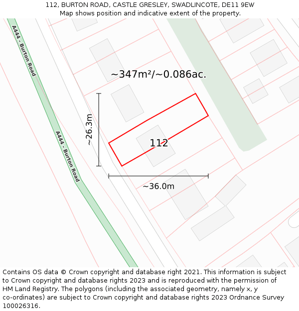 112, BURTON ROAD, CASTLE GRESLEY, SWADLINCOTE, DE11 9EW: Plot and title map
