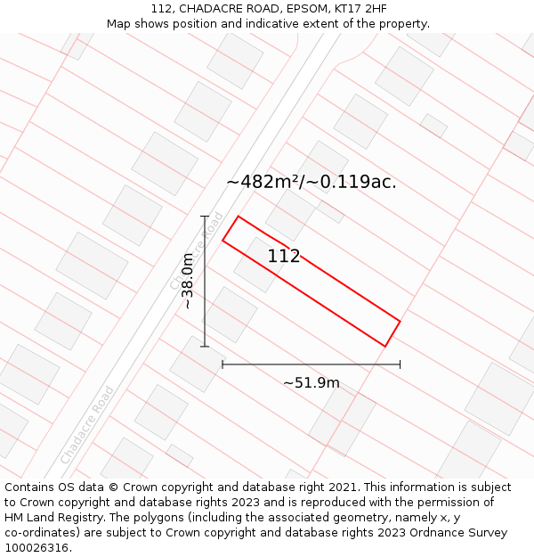 112, CHADACRE ROAD, EPSOM, KT17 2HF: Plot and title map