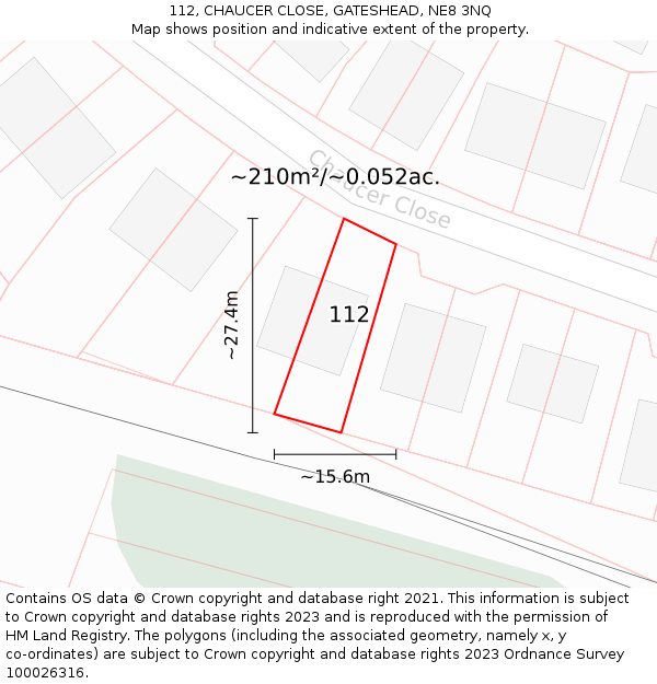 112, CHAUCER CLOSE, GATESHEAD, NE8 3NQ: Plot and title map