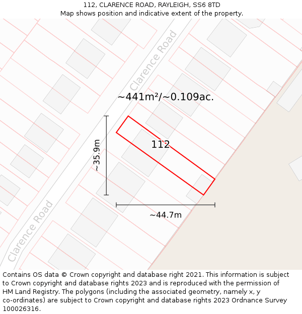 112, CLARENCE ROAD, RAYLEIGH, SS6 8TD: Plot and title map