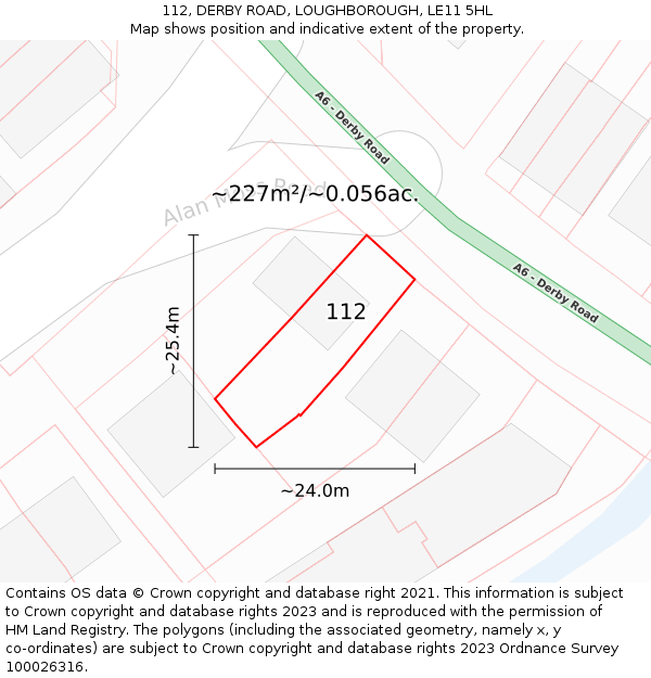 112, DERBY ROAD, LOUGHBOROUGH, LE11 5HL: Plot and title map