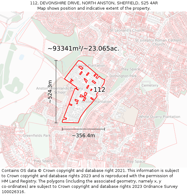 112, DEVONSHIRE DRIVE, NORTH ANSTON, SHEFFIELD, S25 4AR: Plot and title map