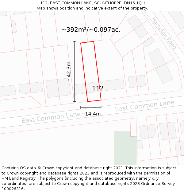 112, EAST COMMON LANE, SCUNTHORPE, DN16 1QH: Plot and title map