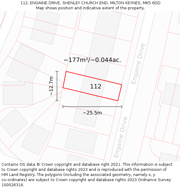 112, ENGAINE DRIVE, SHENLEY CHURCH END, MILTON KEYNES, MK5 6DD: Plot and title map