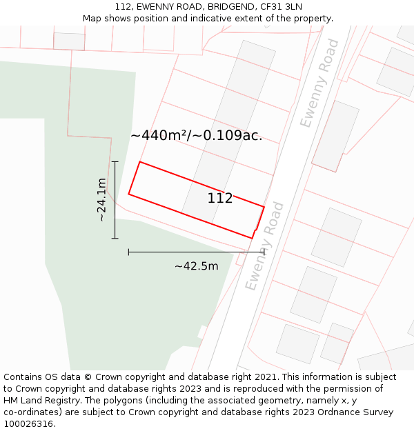 112, EWENNY ROAD, BRIDGEND, CF31 3LN: Plot and title map