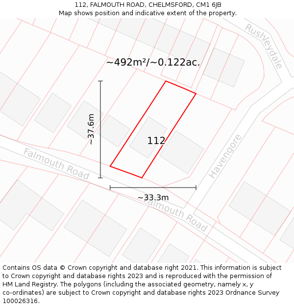 112, FALMOUTH ROAD, CHELMSFORD, CM1 6JB: Plot and title map