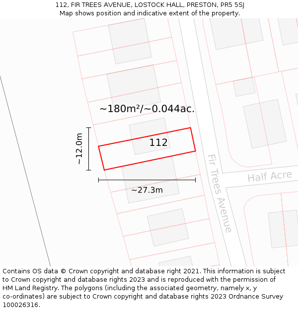 112, FIR TREES AVENUE, LOSTOCK HALL, PRESTON, PR5 5SJ: Plot and title map