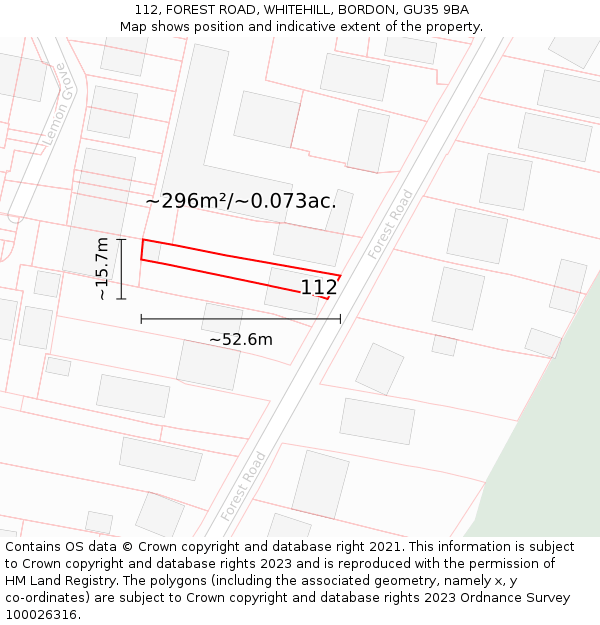 112, FOREST ROAD, WHITEHILL, BORDON, GU35 9BA: Plot and title map