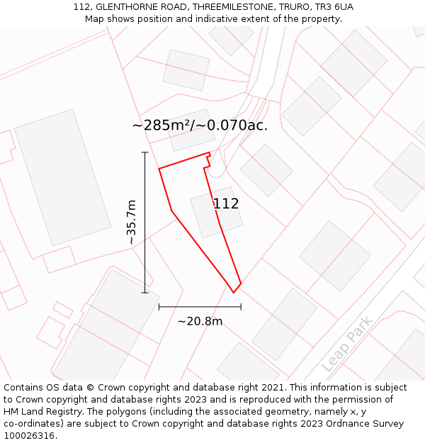 112, GLENTHORNE ROAD, THREEMILESTONE, TRURO, TR3 6UA: Plot and title map