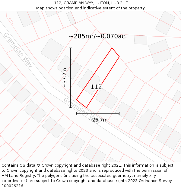 112, GRAMPIAN WAY, LUTON, LU3 3HE: Plot and title map