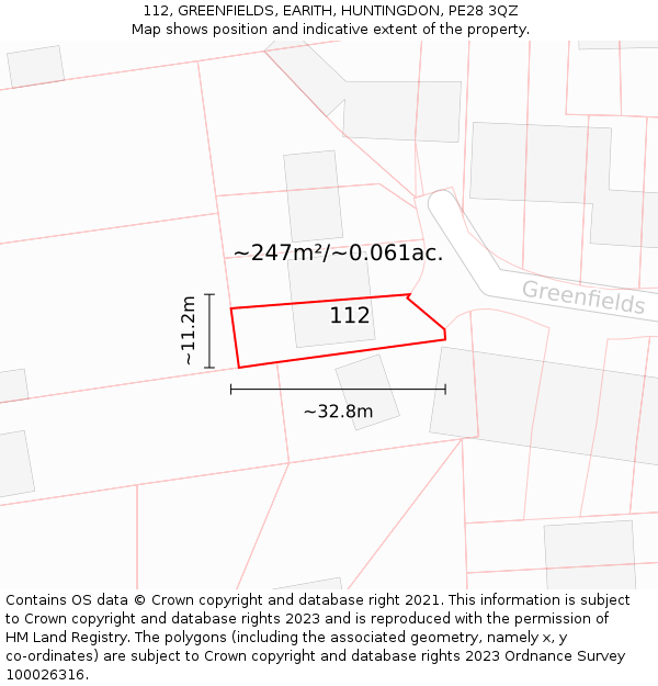 112, GREENFIELDS, EARITH, HUNTINGDON, PE28 3QZ: Plot and title map