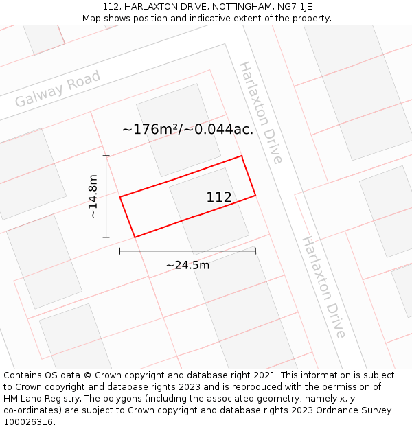 112, HARLAXTON DRIVE, NOTTINGHAM, NG7 1JE: Plot and title map