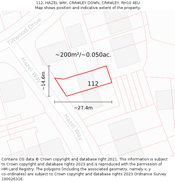 112, HAZEL WAY, CRAWLEY DOWN, CRAWLEY, RH10 4EU: Plot and title map
